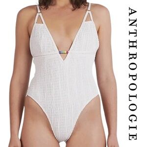 Anthropologie Charlie Holiday NWT Jodie Shirred One Piece - White - Size Large